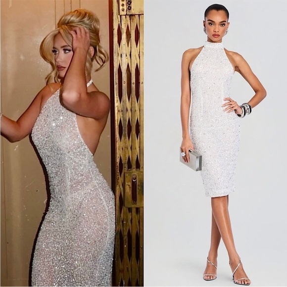 RETROFETE Hand Stitched Crystal & Sequin Sleeveless Halter Open Back Dress S - Picture 2 of 14